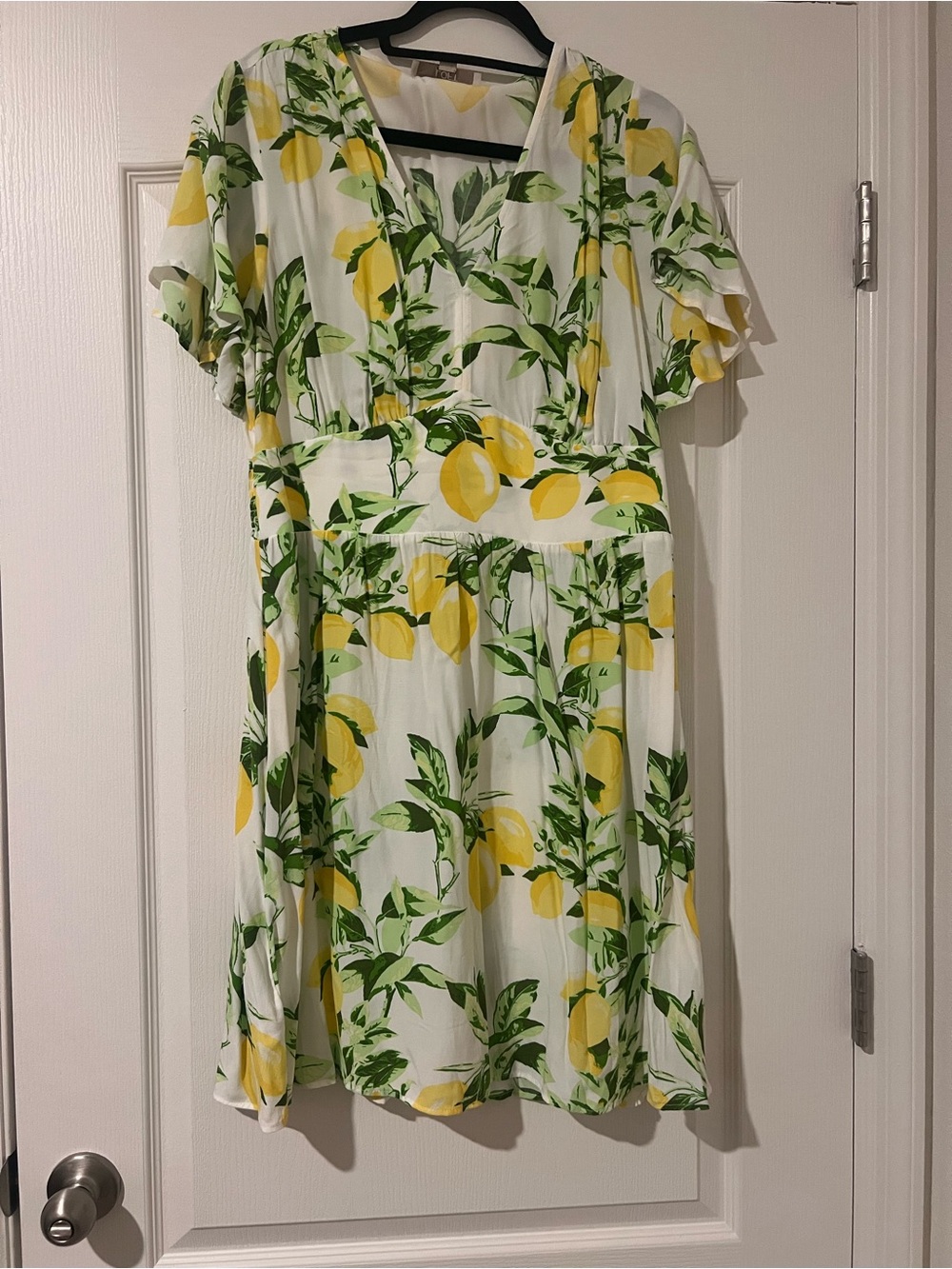 LOFT White Midi Dress with Yellow Lemon & Green Leaf Pattern